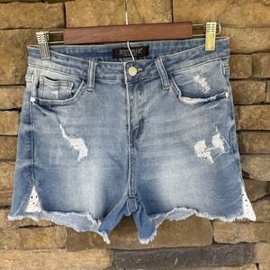 Judy Blue‎ Women's Blue Distressed Lace Shorts Size 29 Stretch